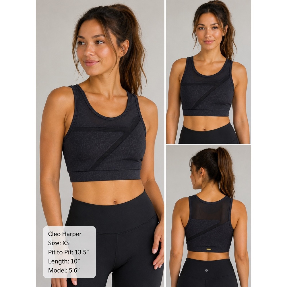 Cleo Harper‎ Womens XS Black Printed Mesh Back Activewear Sports Bra Gym Top